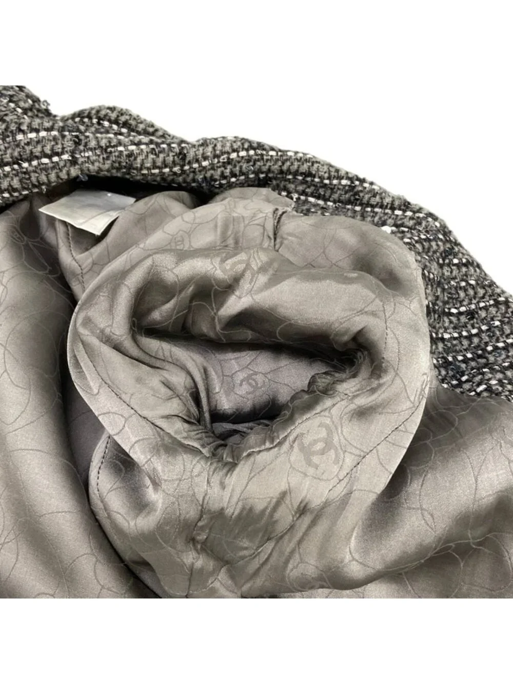 Chanel Jacket 34 S Gray Black White Long Sleeve Tweed Sequin Rhinestone Autumn